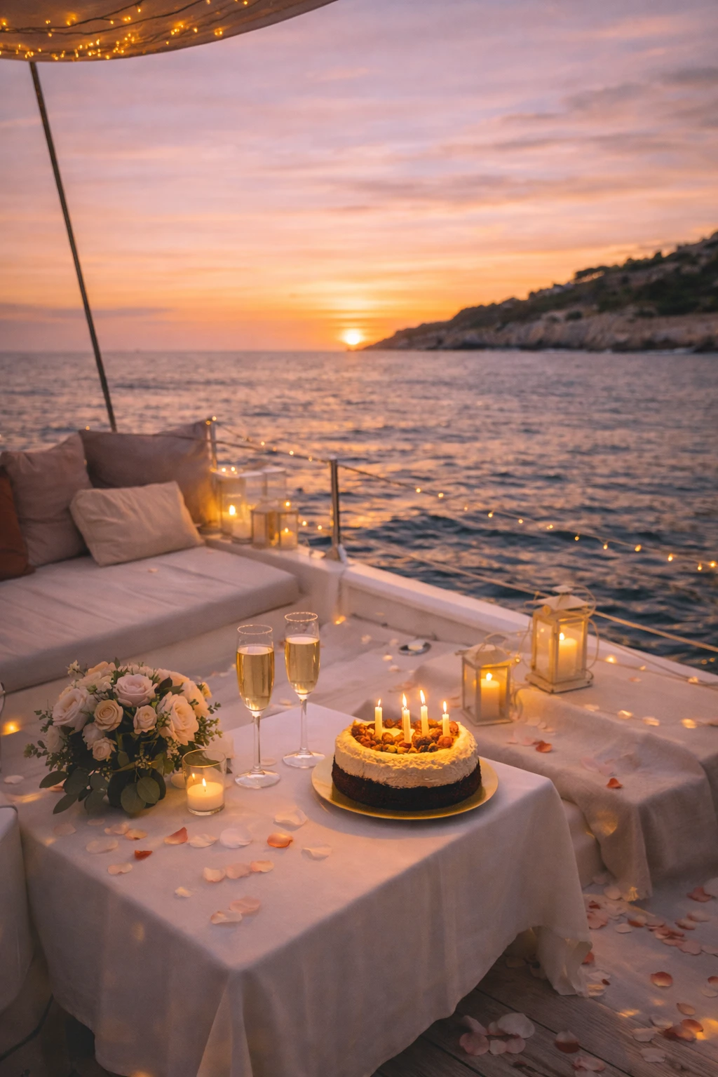 Champagne, décor romantique et options premium à bord
